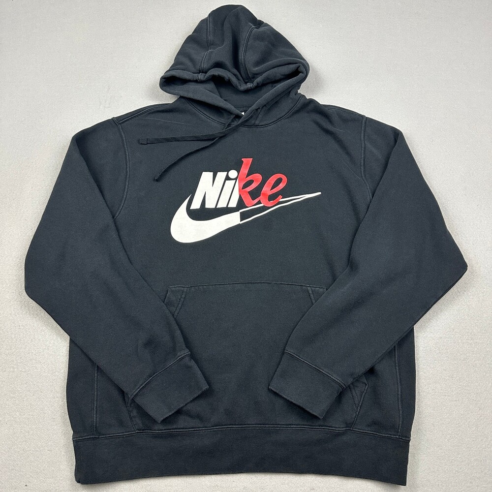 Nike Hoodie Men Large Black Split Script Swoosh Sweatshirt Cursive Spellout L